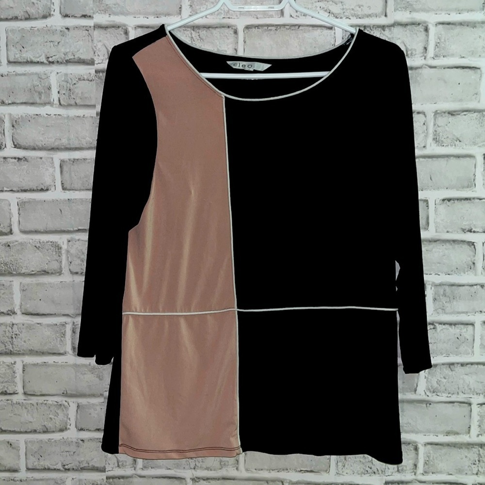 Cleo blouse, three-quarter sleeves, black white trim, tan size medium